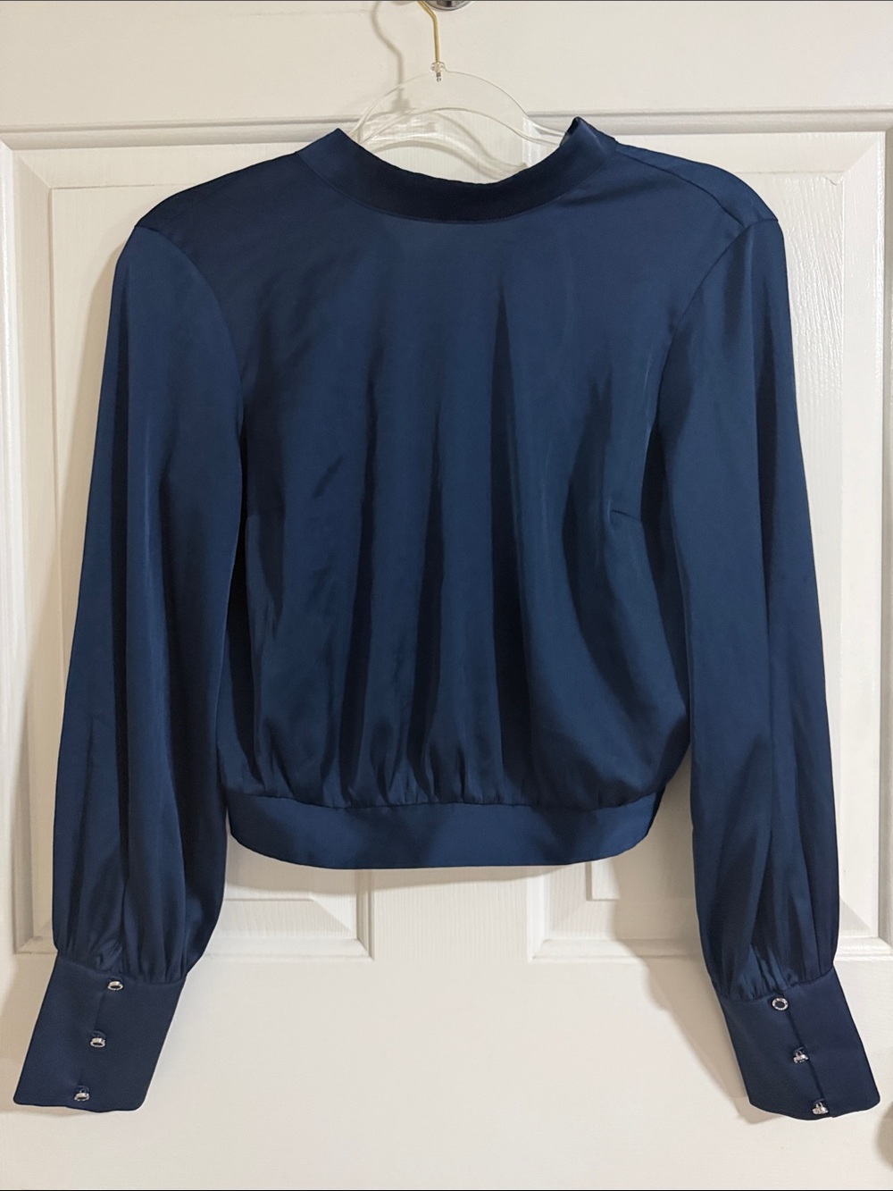 Express Navy Satin Long-Sleeve Blouse